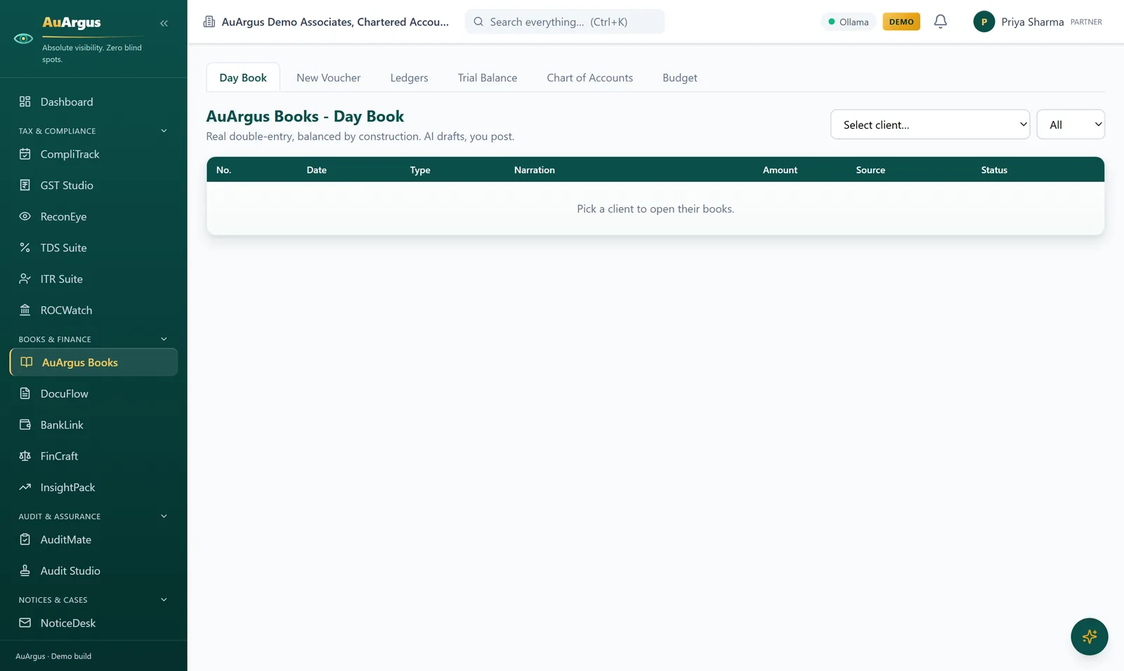 AuArgus Books day book with posted vouchers and AI-drafted entries awaiting review