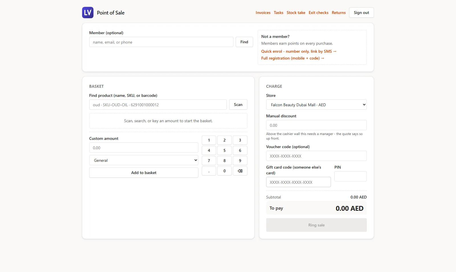 LoyalVerse point of sale with basket, barcode scanning, member lookup, voucher and gift-card tender