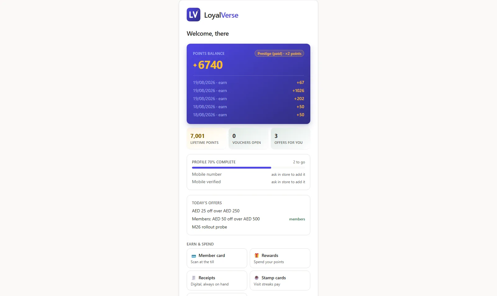 LoyalVerse customer wallet showing points balance, tier, today's offers and earn-and-spend actions