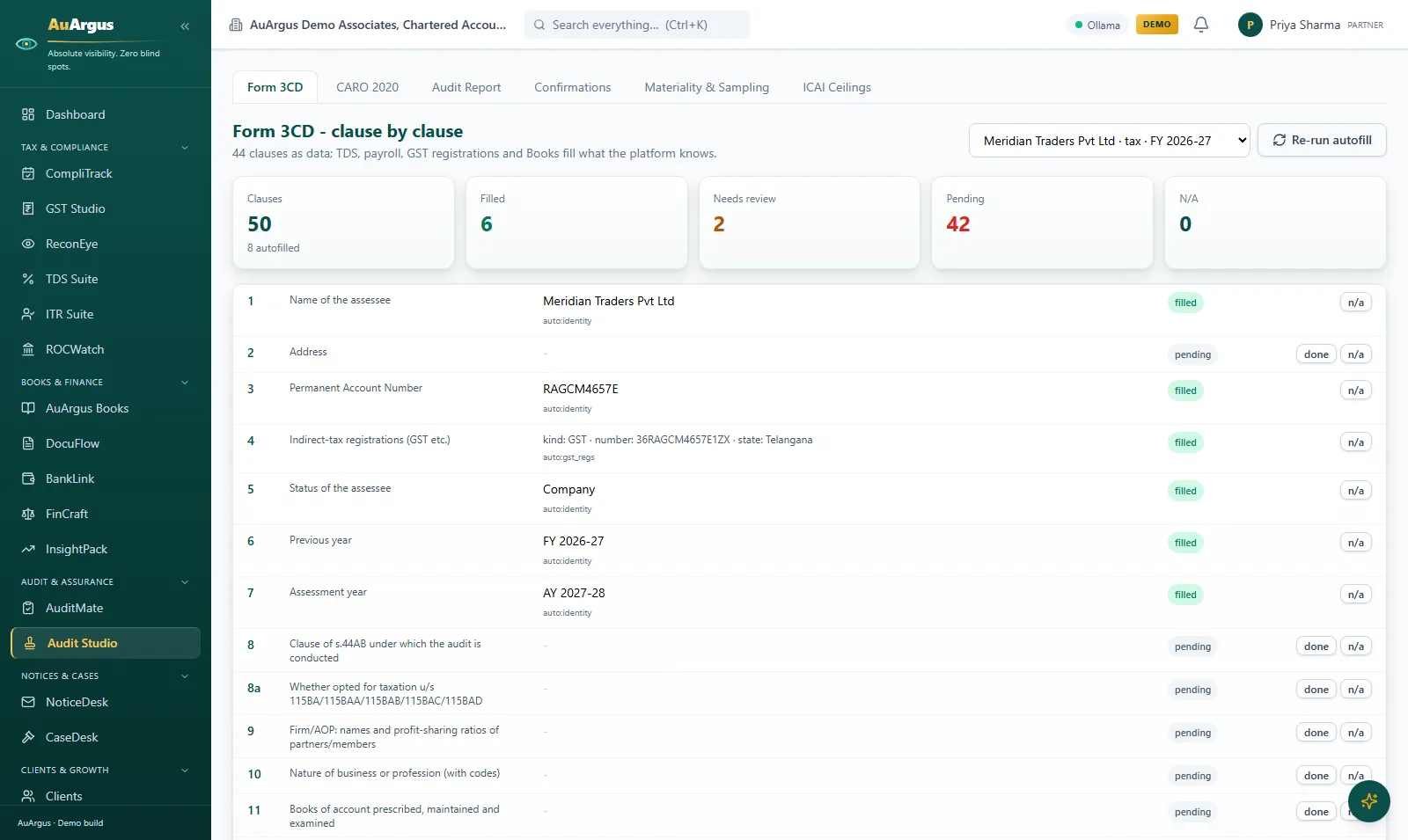Audit Studio Form 3CD clause by clause with autofilled clauses from platform data