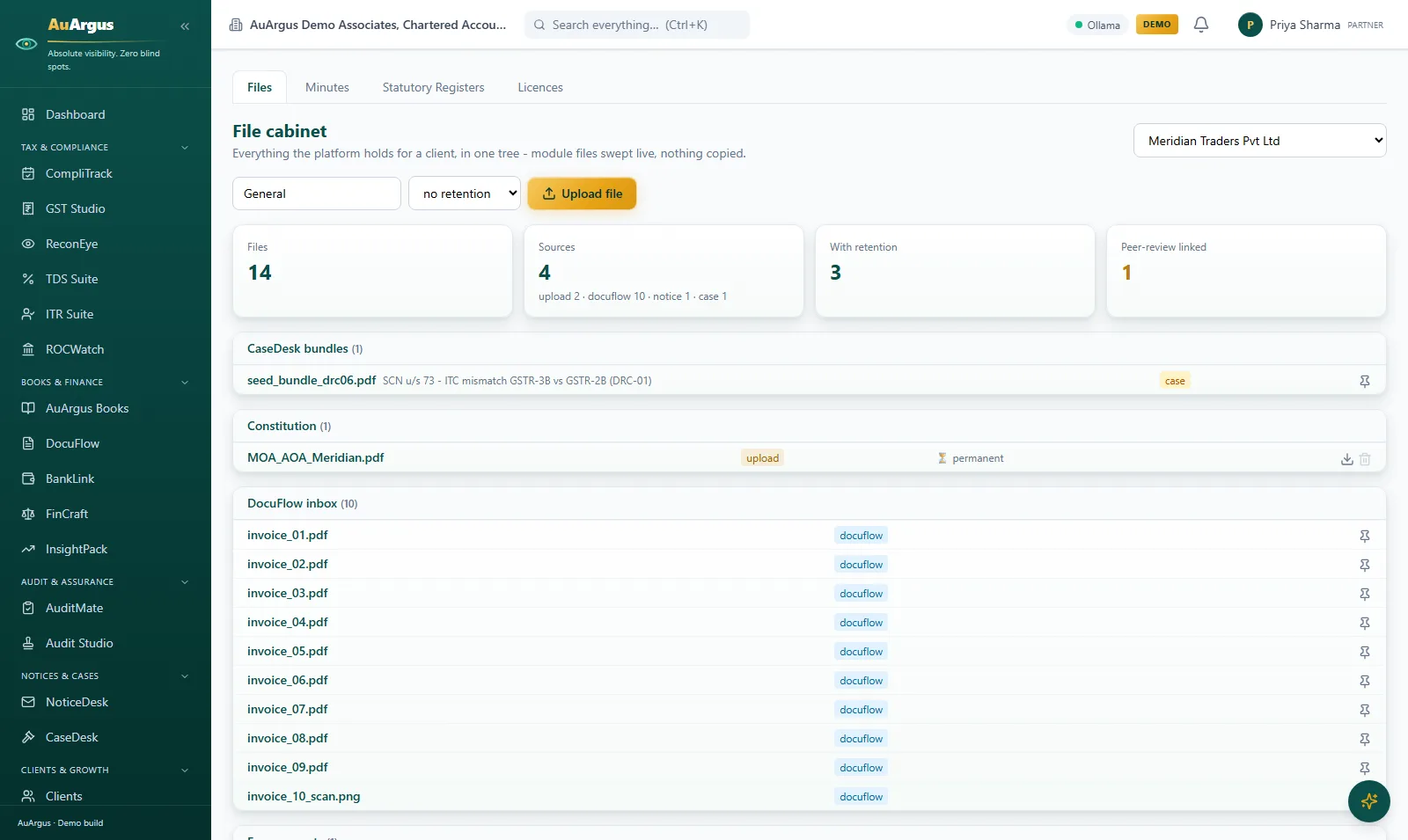 File Cabinet tree for one client sweeping DocuFlow, notices and case files live, with retention labels