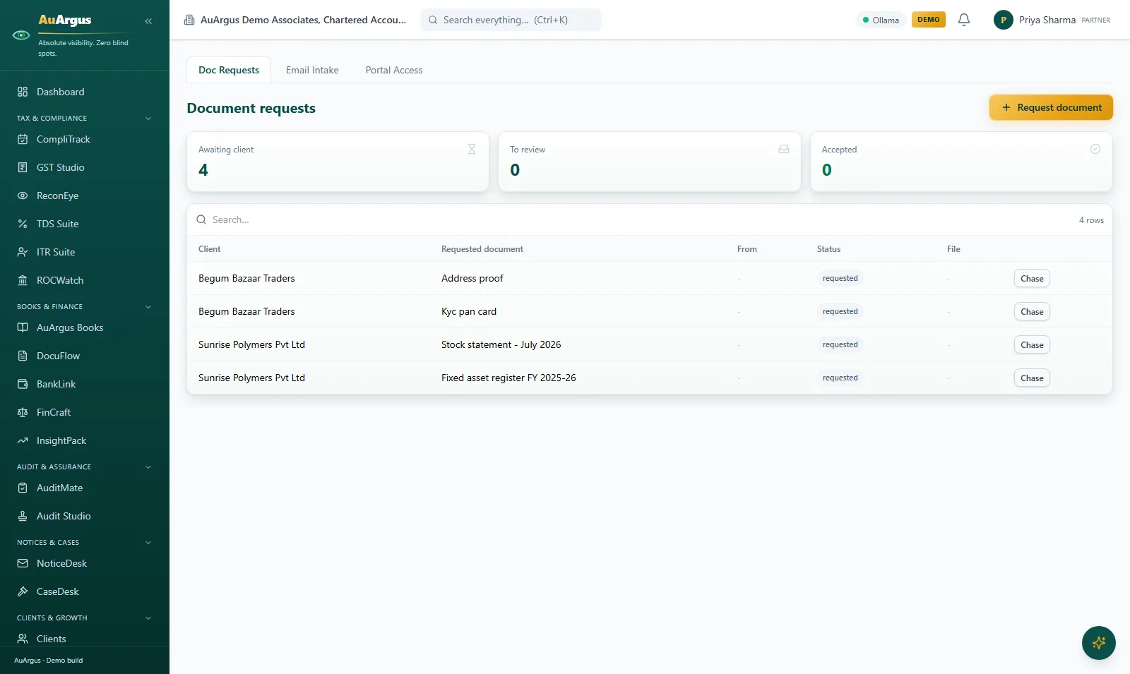 ClientHub document requests with awaiting-client counts and one-click chase