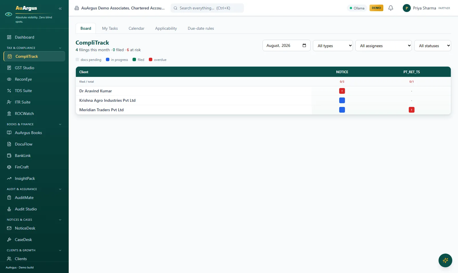 CompliTrack filings board showing every client and filing status for the month