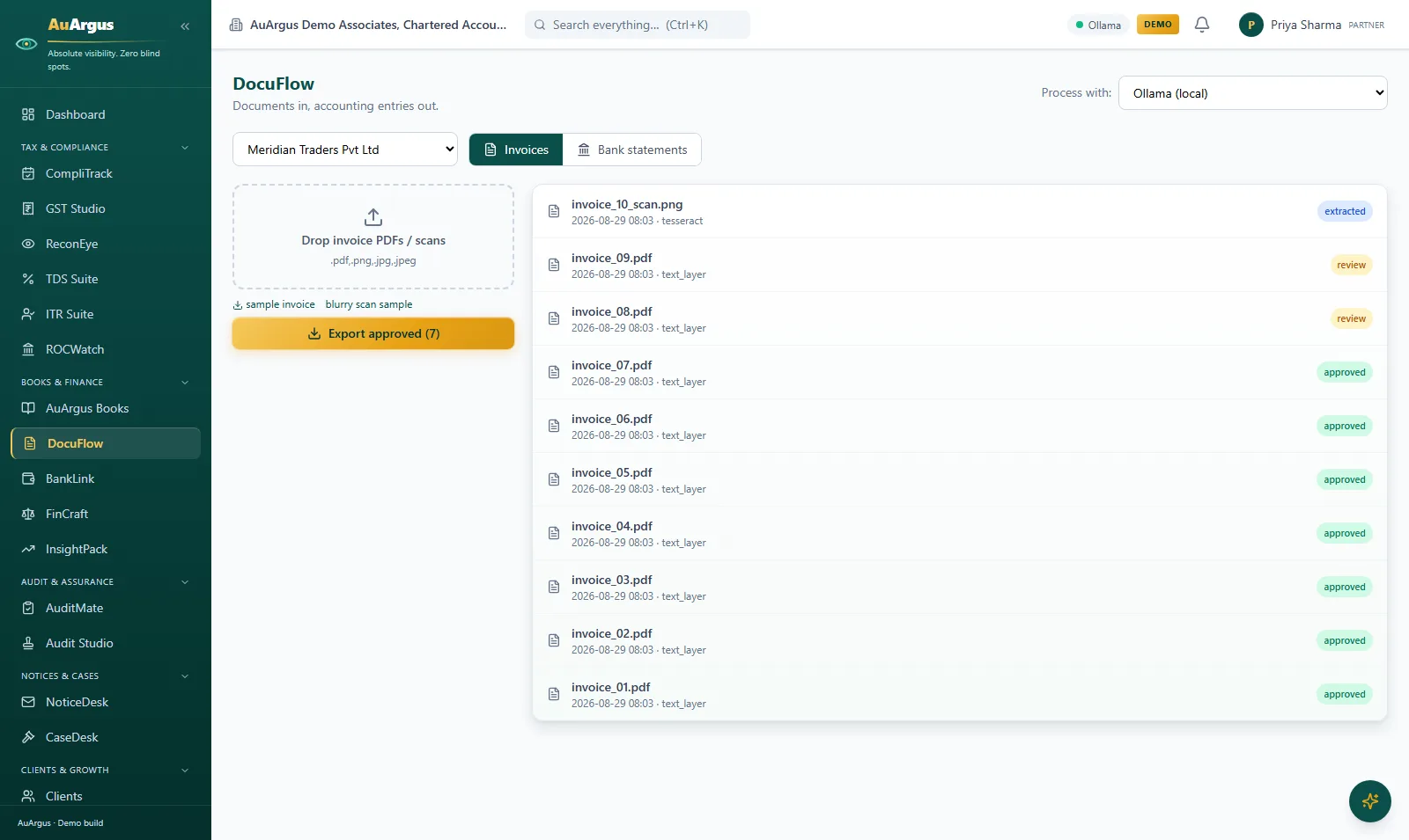 DocuFlow inbox with ten invoices in extracted, review and approved states, ready to export