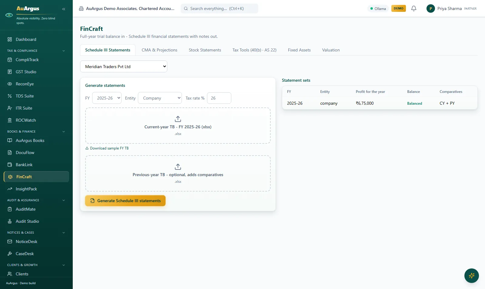 FinCraft Schedule III workspace with a balanced statement set showing profit for the year and comparatives