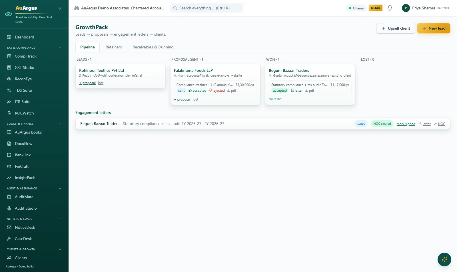 GrowthPack pipeline with leads, proposals sent, won engagements and engagement letters