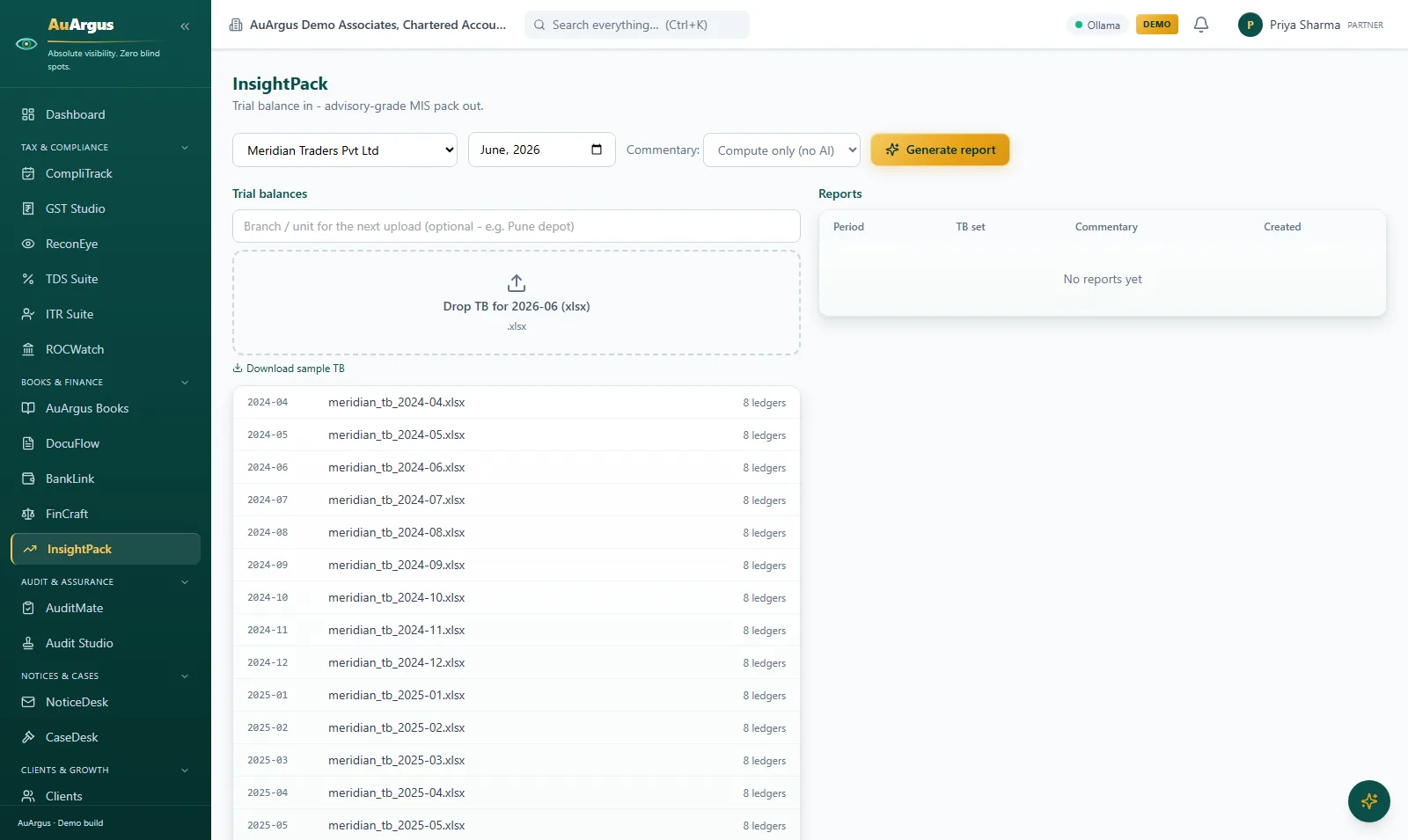 InsightPack workspace with a client's monthly trial-balance library ready to generate MIS reports