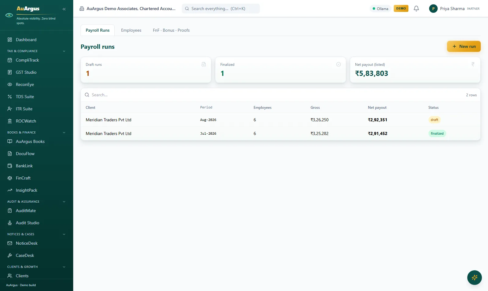 PayrollPro payroll runs with employees, gross and net payout per run, draft and finalized states