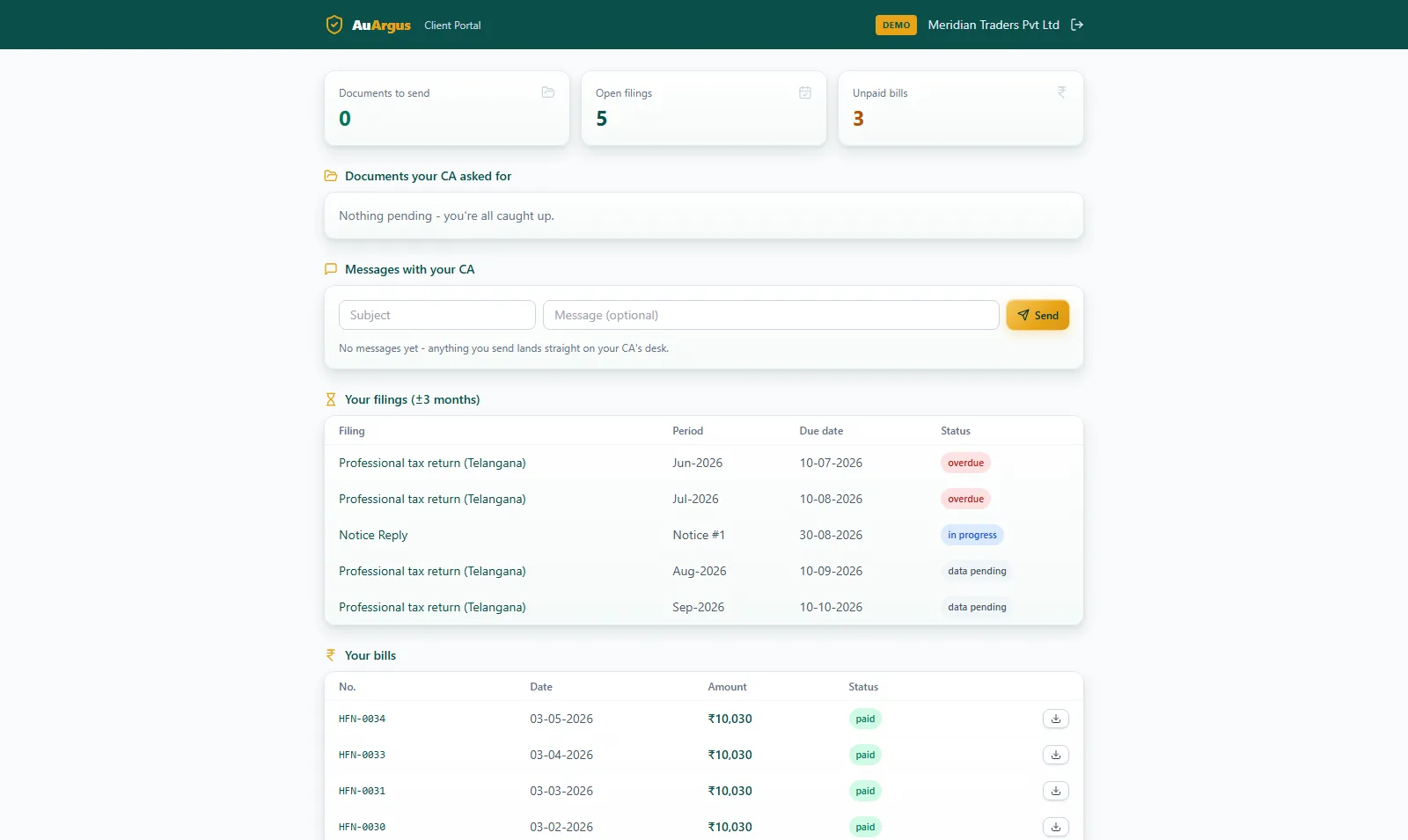 AuArgus client portal home with filings, document requests, bills and messages