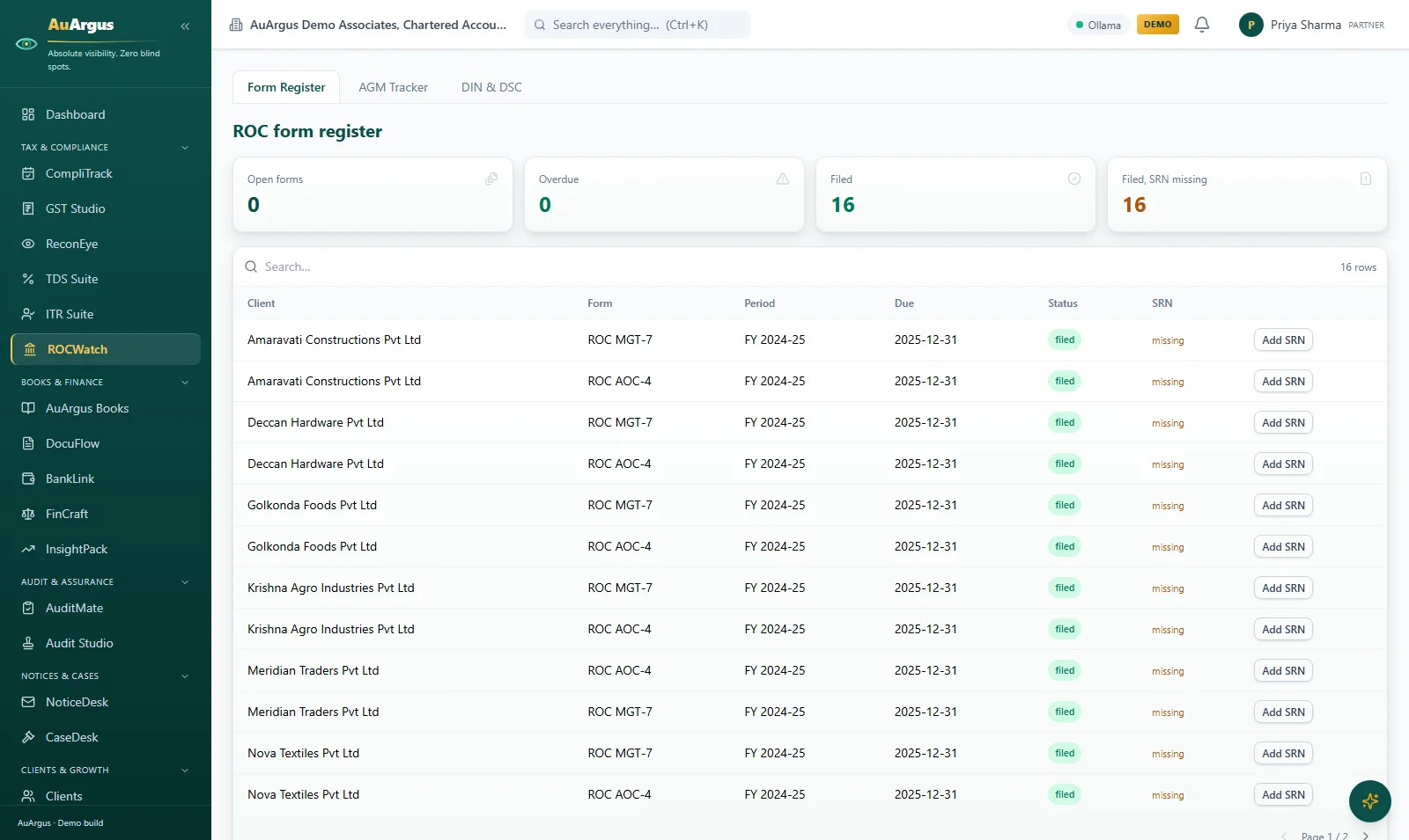 ROCWatch form register with filed AOC-4 and MGT-7 forms per company and SRN-missing flags