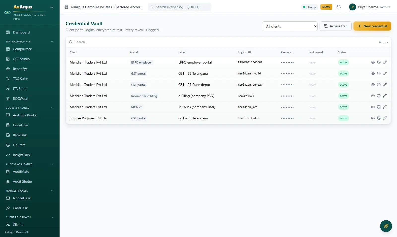 Credential Vault with client portal logins masked, per-portal labels and reveal logging
