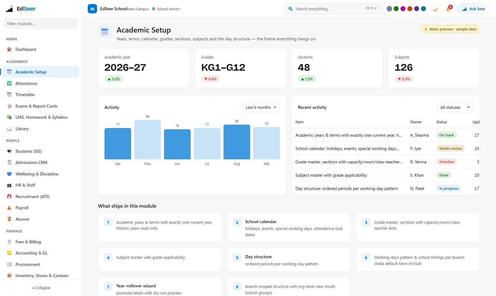 EdSeer academic setup with years, terms, calendars and day structure - static preview