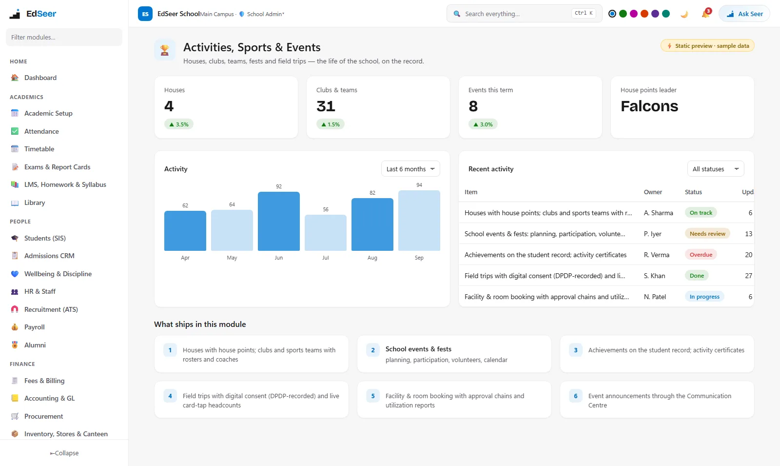 EdSeer activities, sports, houses and events - static preview