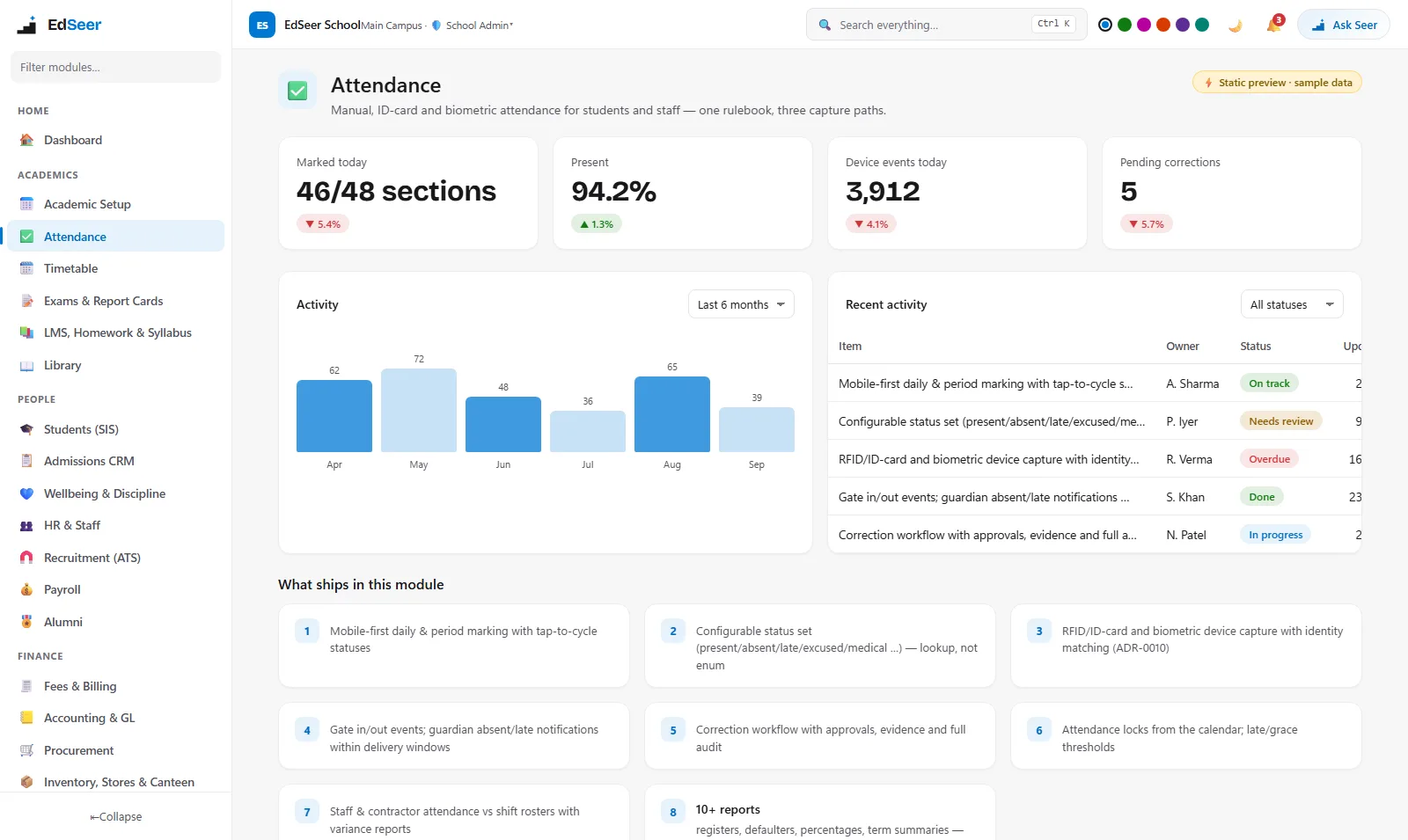 EdSeer attendance marking and correction workflows - static preview