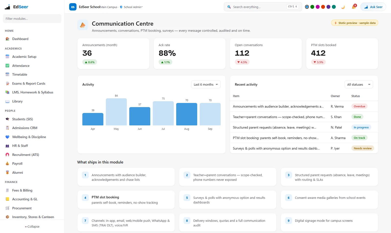EdSeer communication centre with announcements and teacher-parent messaging - static preview