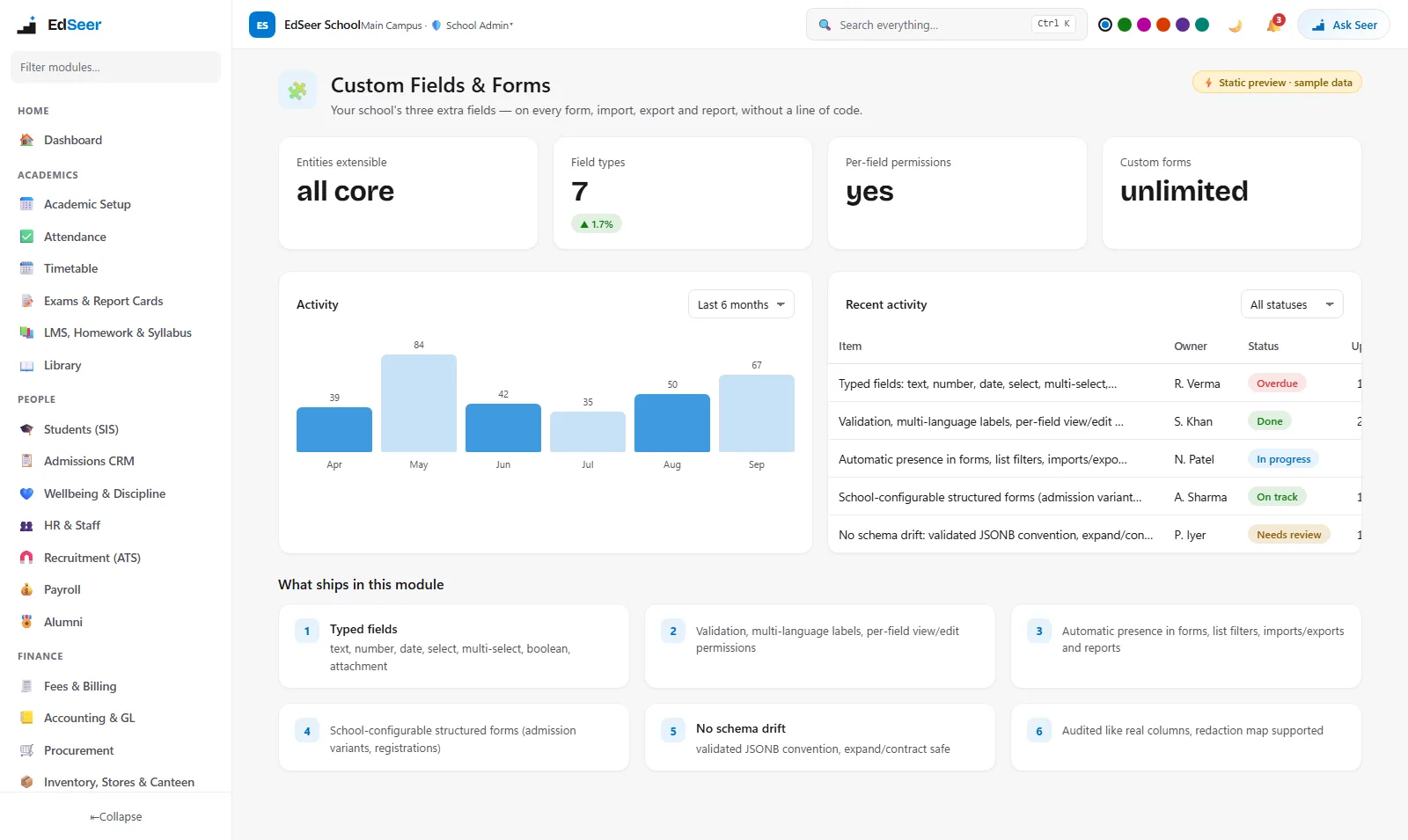 EdSeer custom fields designer extending records per tenant - static preview