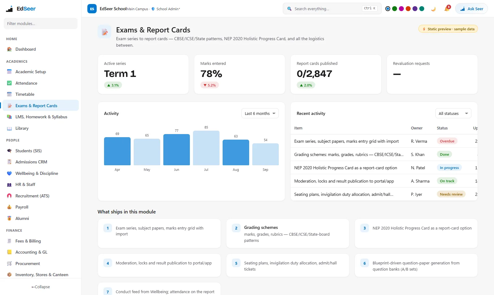 EdSeer exams, grading schemes and report cards - static preview
