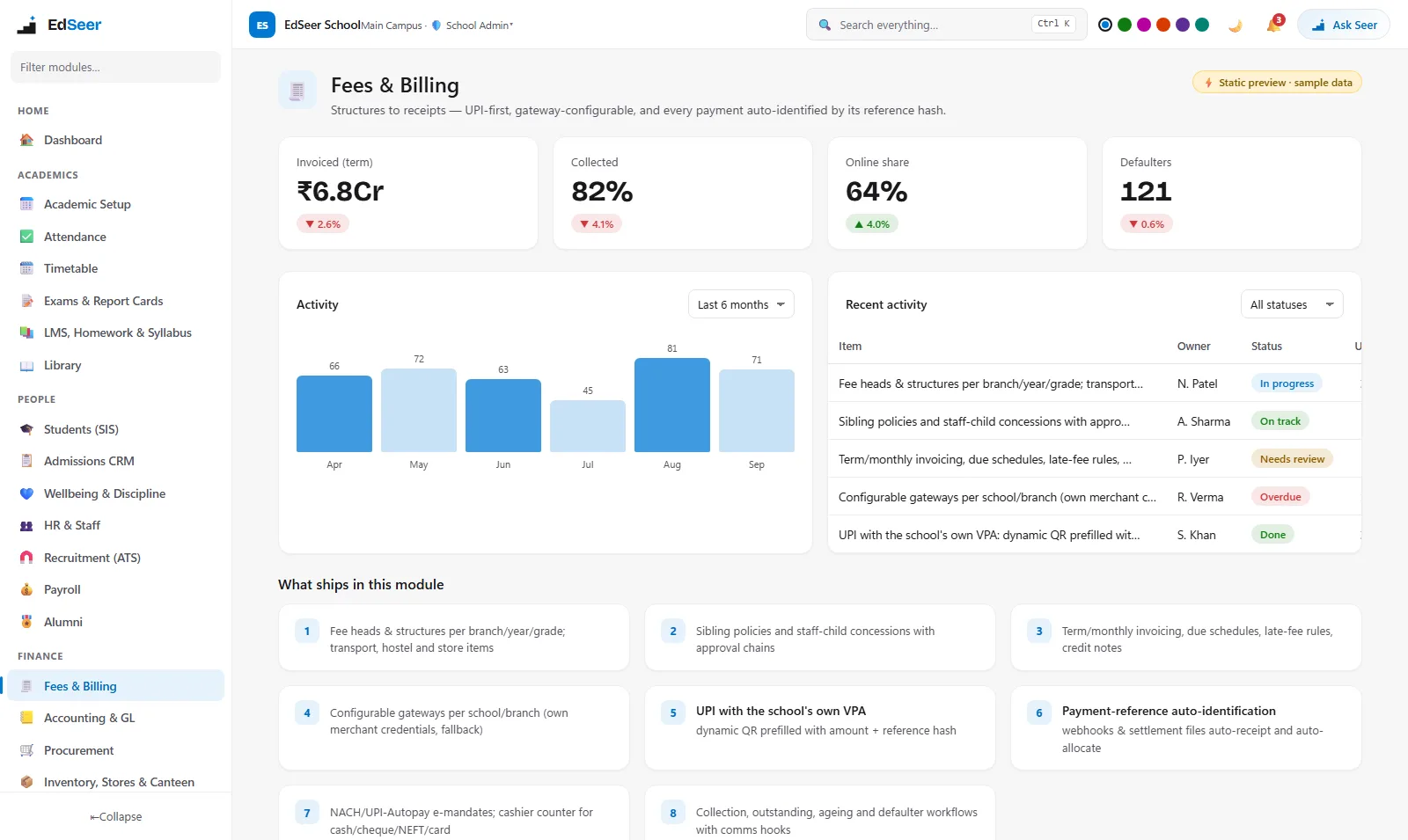 EdSeer fees and billing with invoicing, concessions and collection - static preview