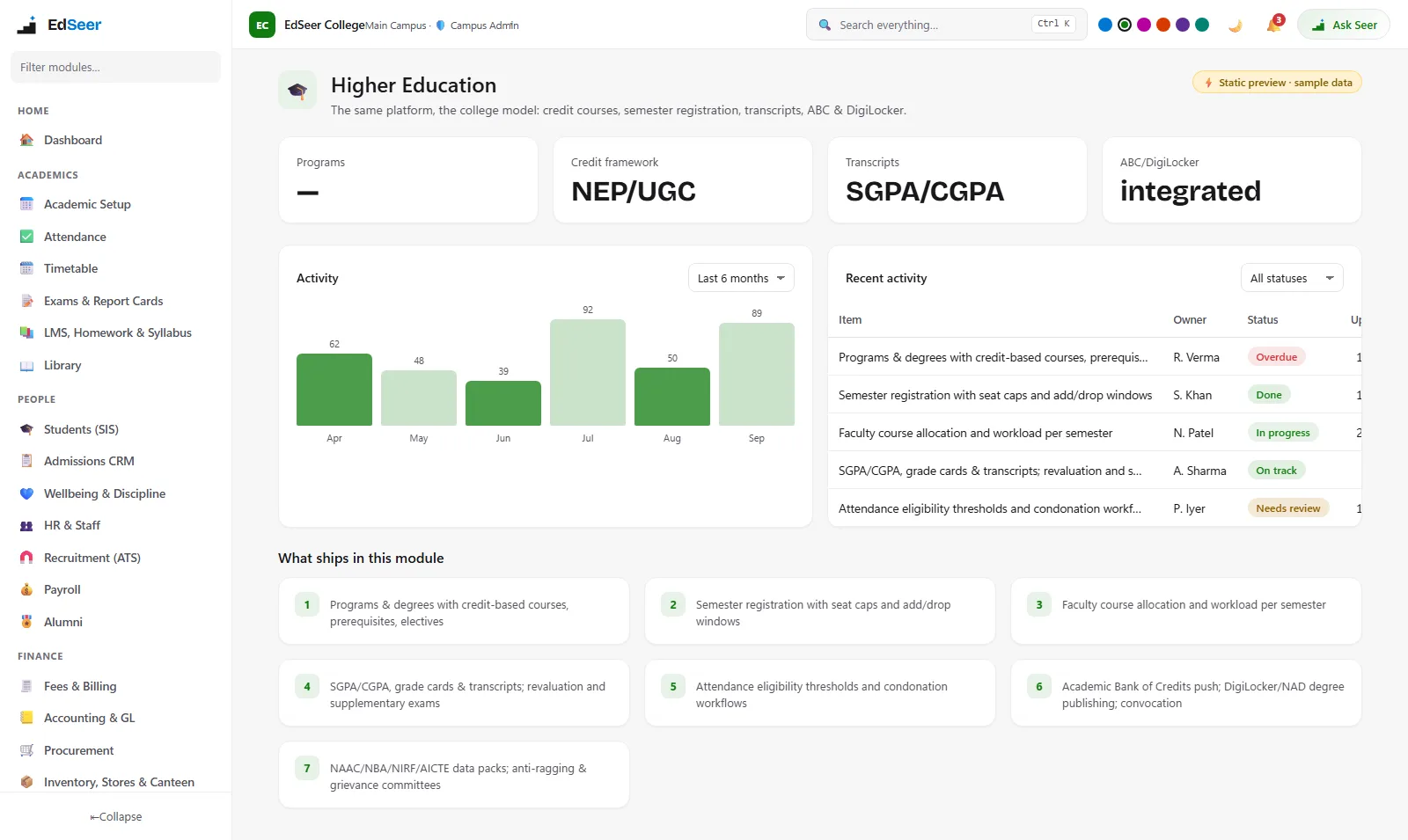 EdSeer higher-education academic core for colleges and universities - static preview