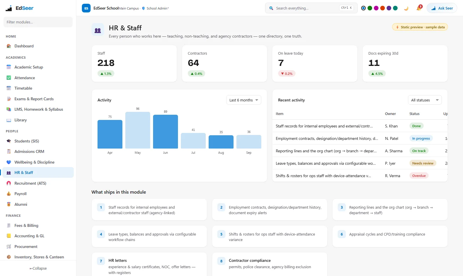 EdSeer staff HR with contracts and leave management - static preview