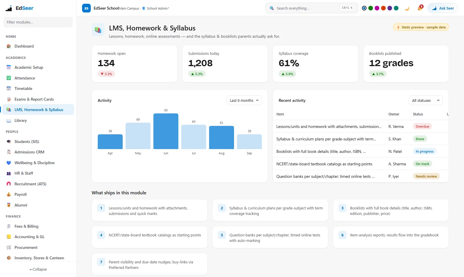 EdSeer LMS with homework, submissions and syllabus coverage - static preview
