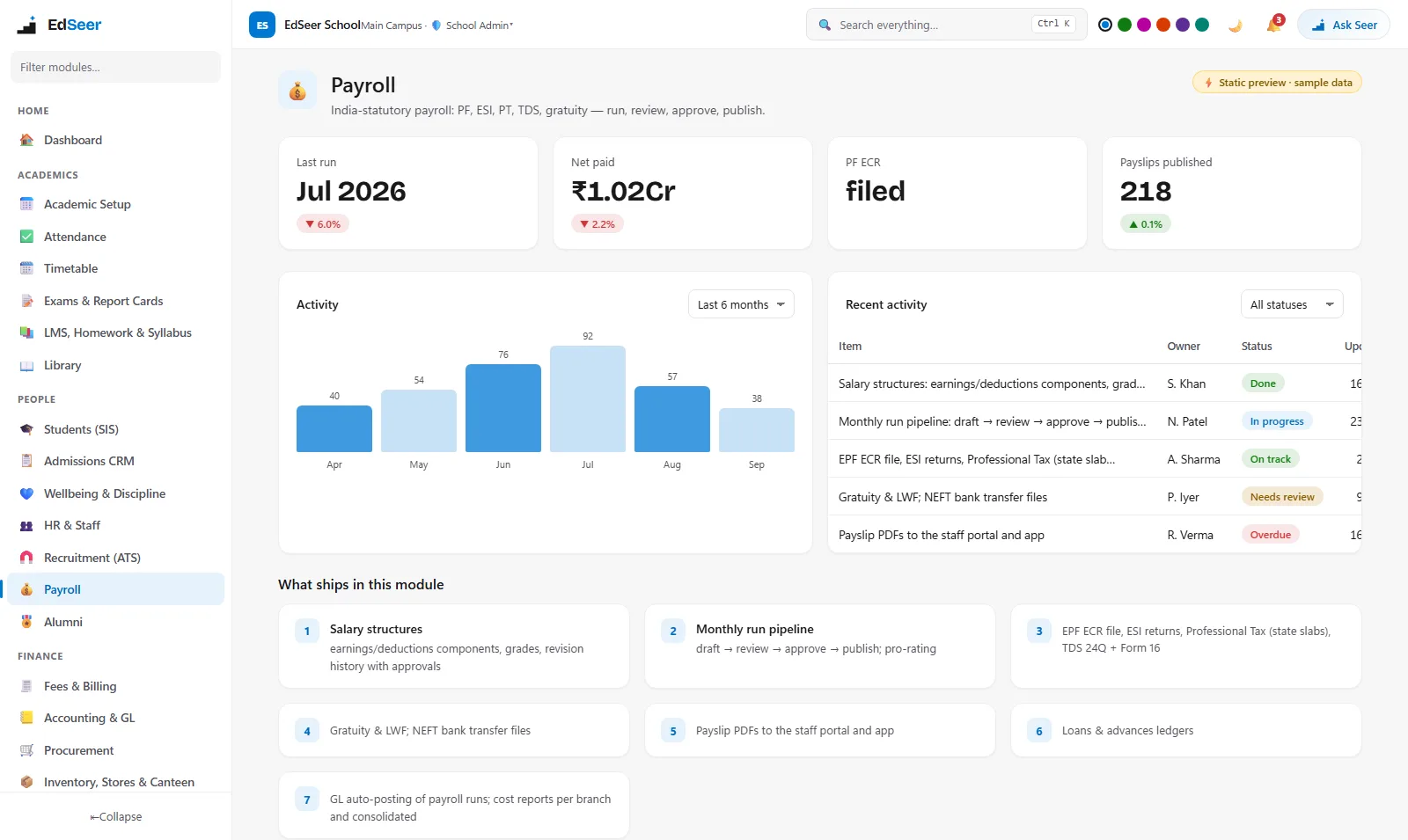 EdSeer payroll runs with payslips and statutory outputs - static preview
