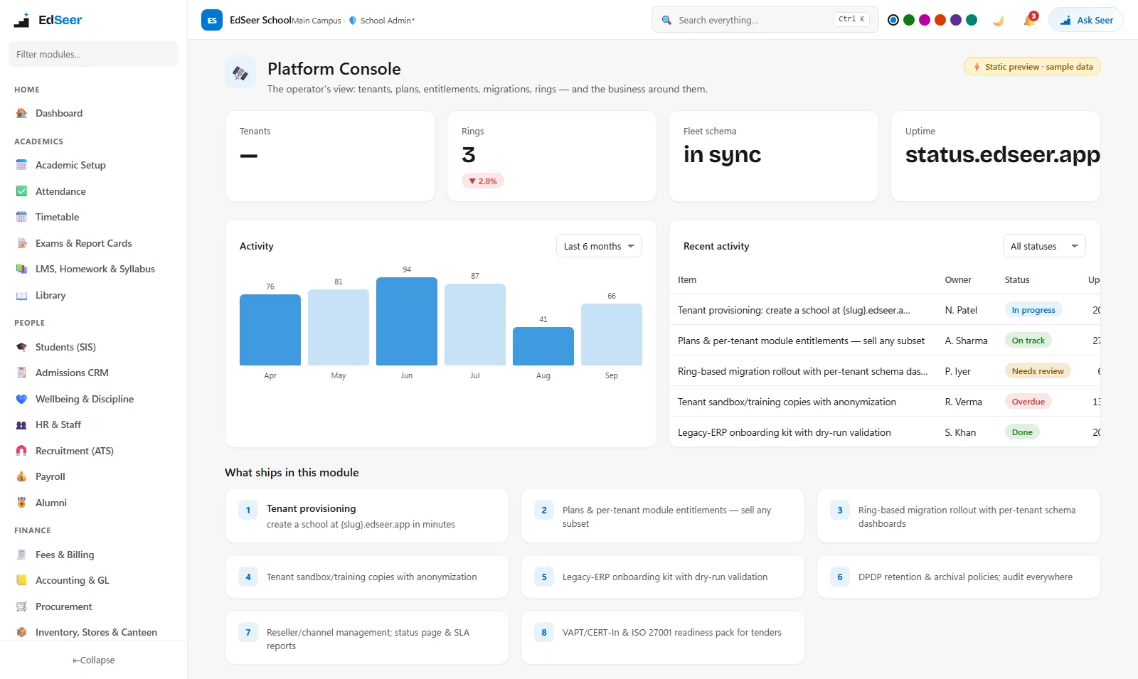 EdSeer platform console with tenant provisioning and migration dashboard - static preview