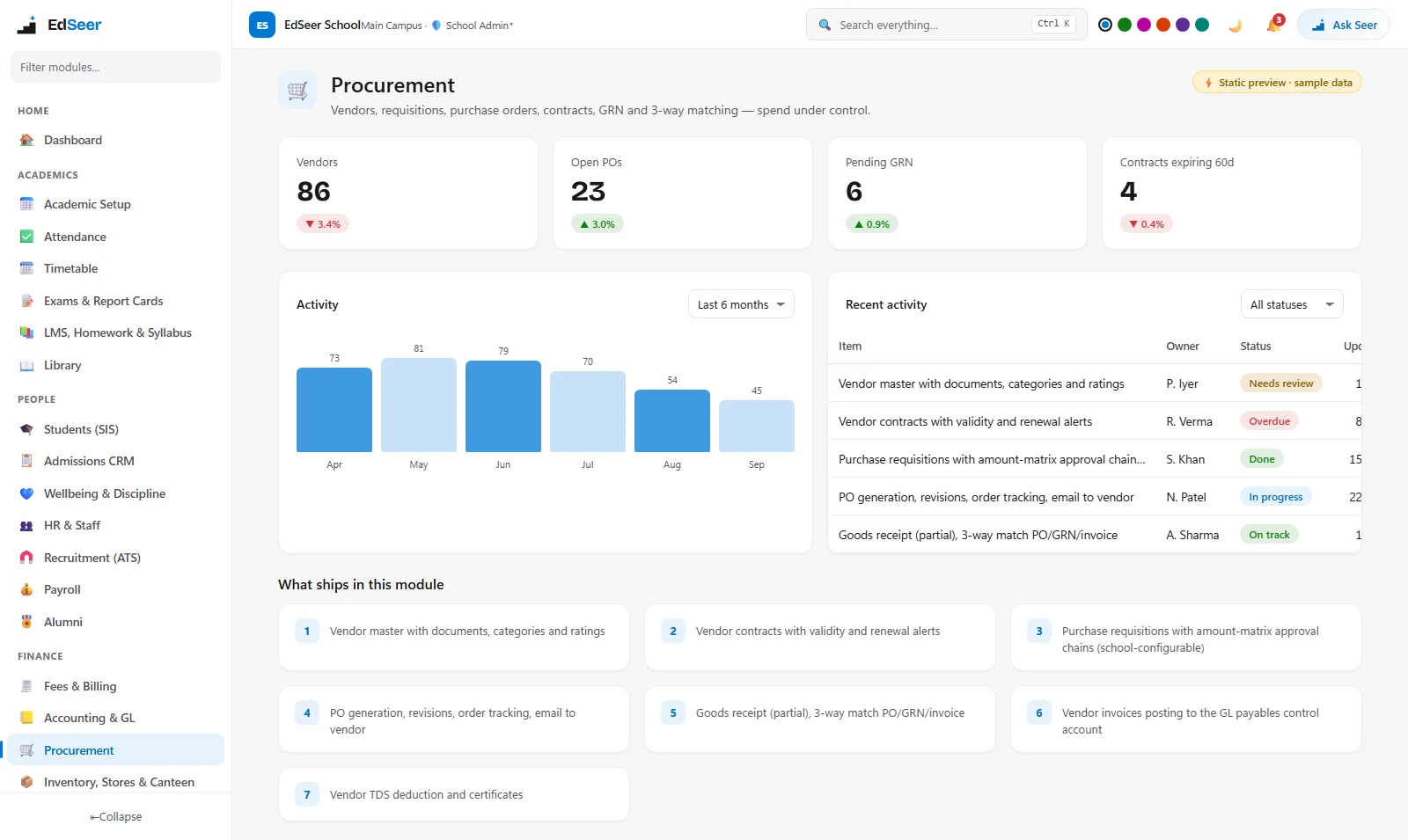 EdSeer procurement with vendors, purchase orders and contracts - static preview