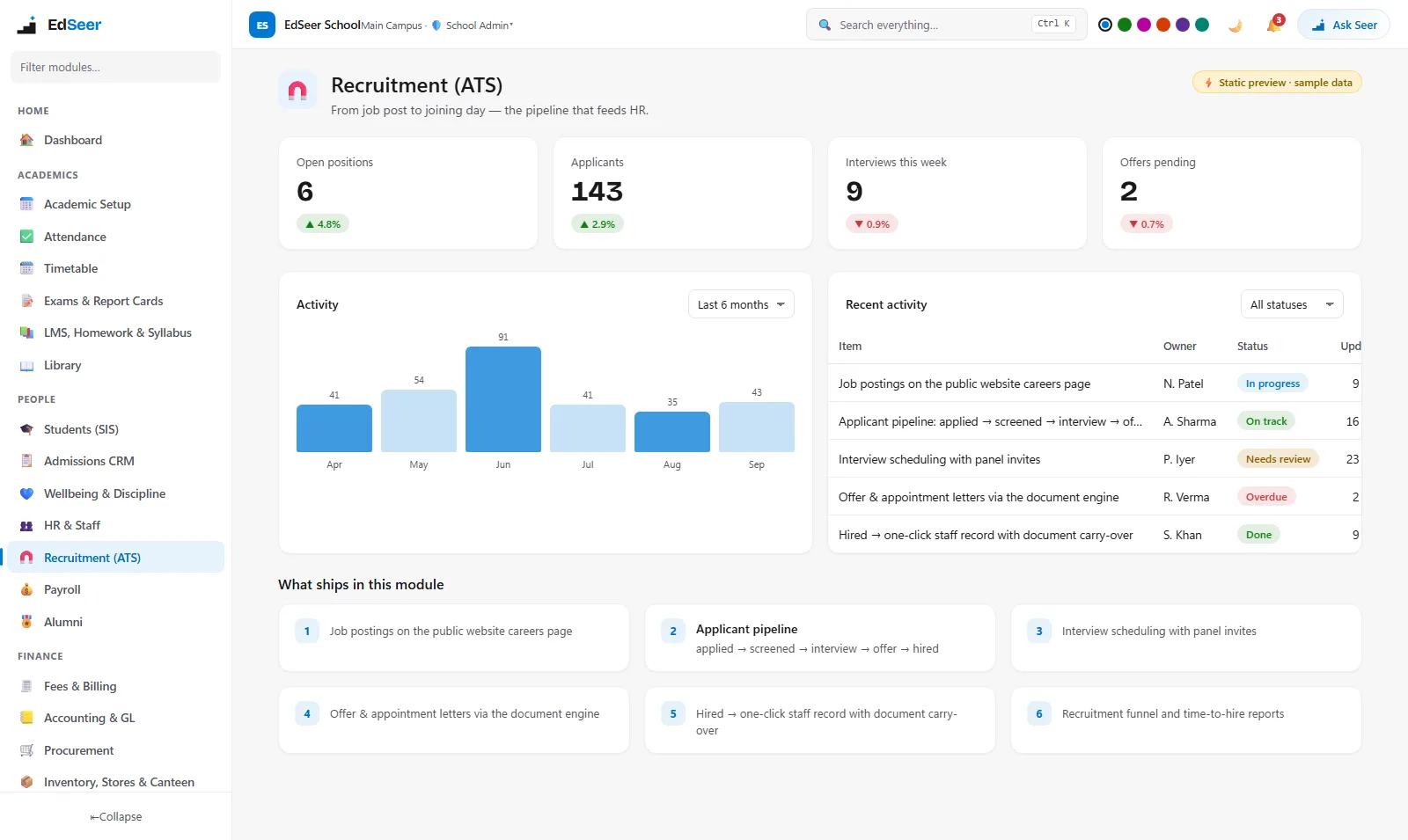 EdSeer recruitment pipeline for hiring school staff - static preview