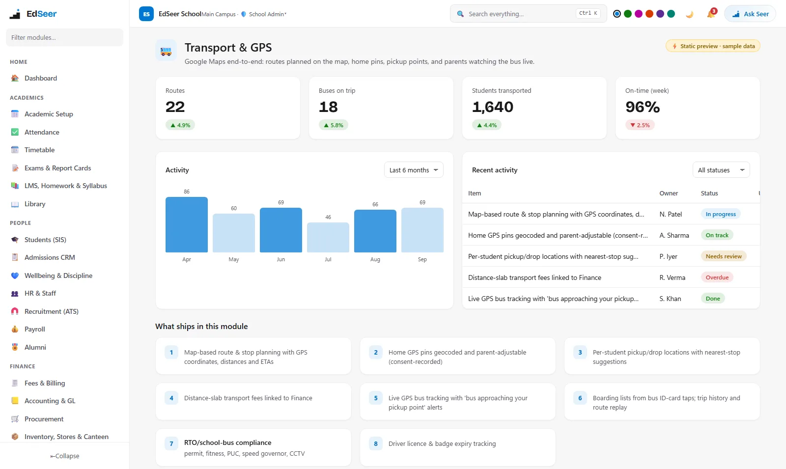 EdSeer transport with routes, stops and live GPS bus tracking - static preview