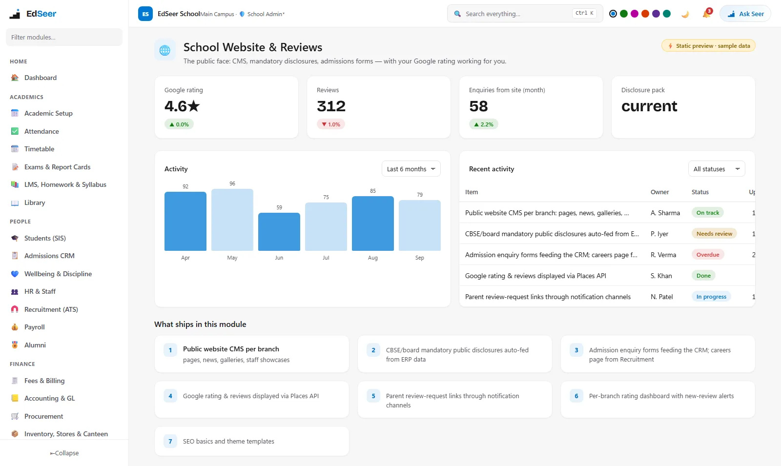EdSeer school website builder with admissions enquiry forms - static preview