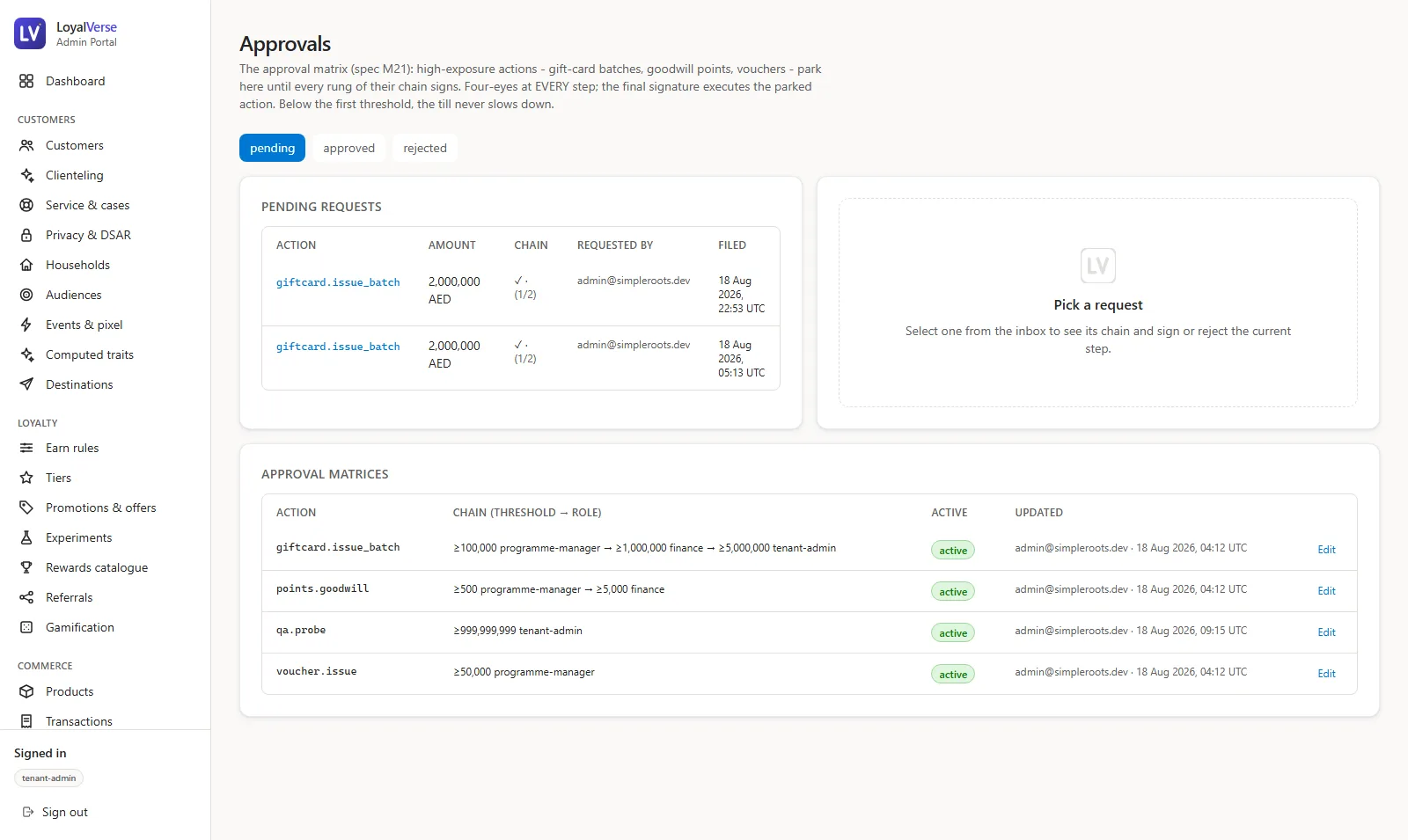 LoyalVerse approvals inbox with threshold-based approval chains