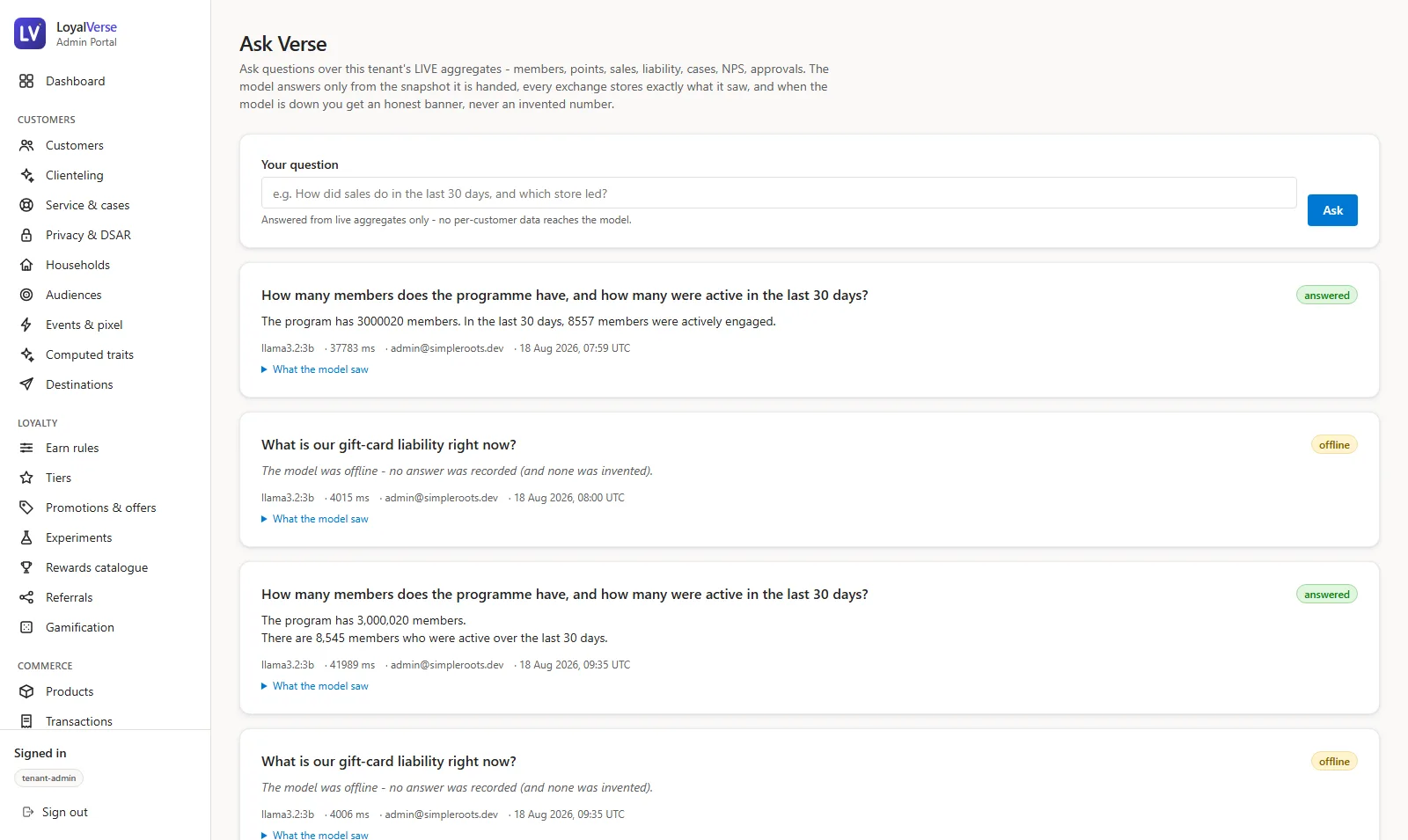 Ask Verse AI assistant answering from tenant aggregates with the grounding data visible