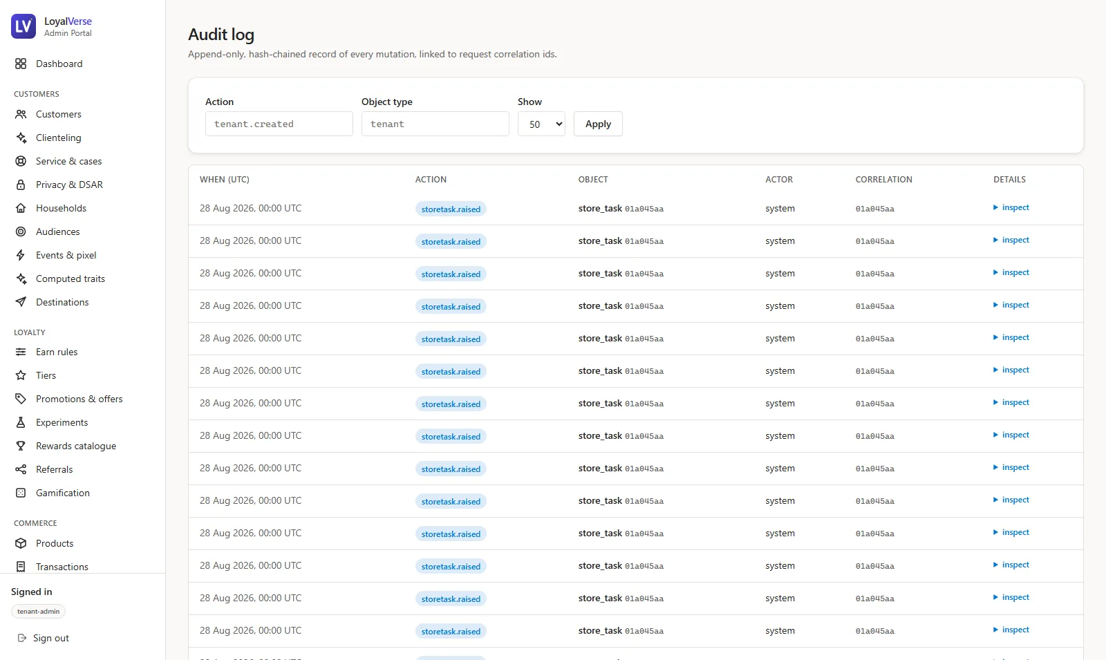 LoyalVerse append-only audit log with hash-chained entries