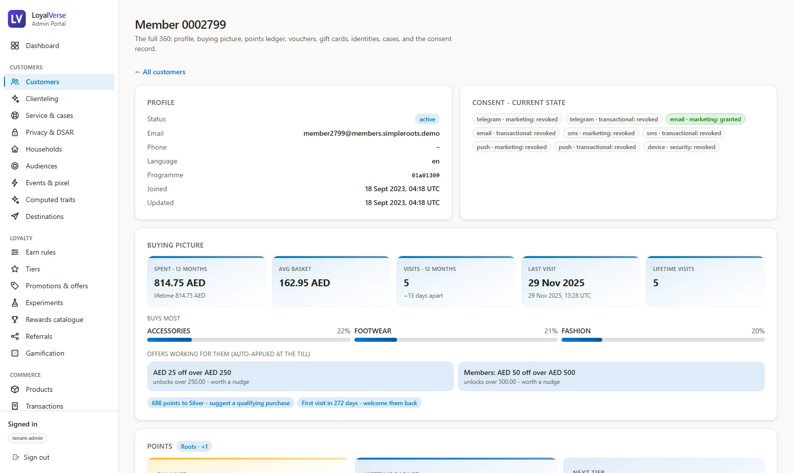LoyalVerse customer 360 view with profile, consents, ledger, balances and gift cards on one record
