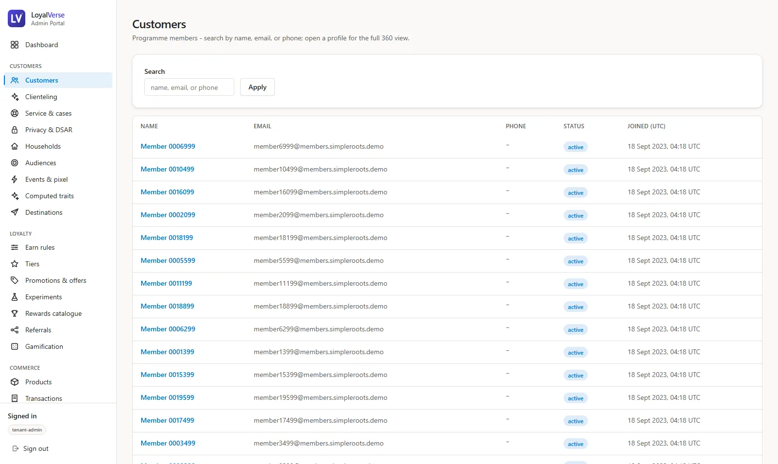 LoyalVerse customer directory with search and member records