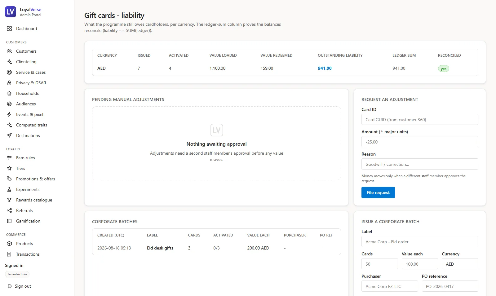 LoyalVerse gift-card management with liability and card lifecycle