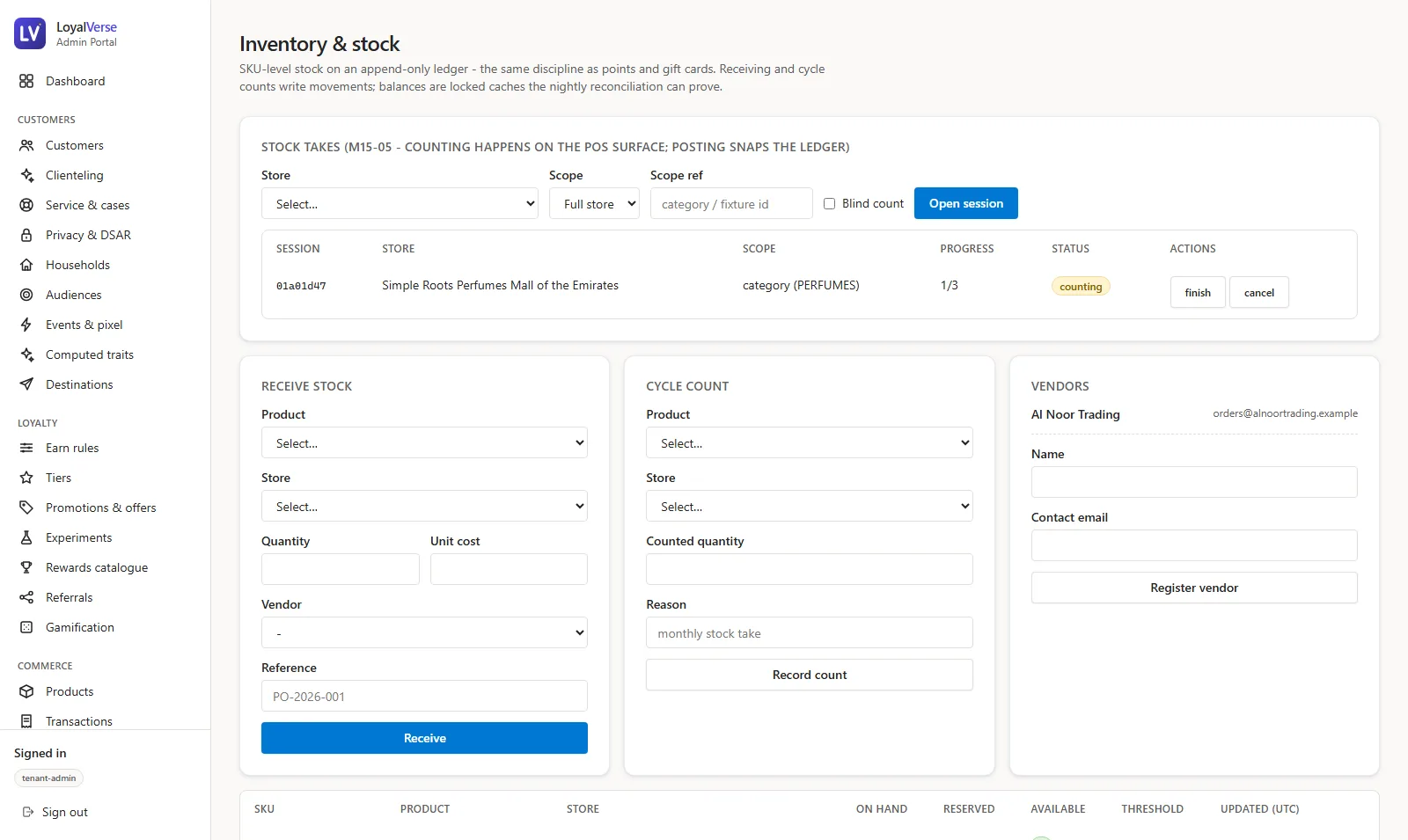 LoyalVerse inventory and stock management screen