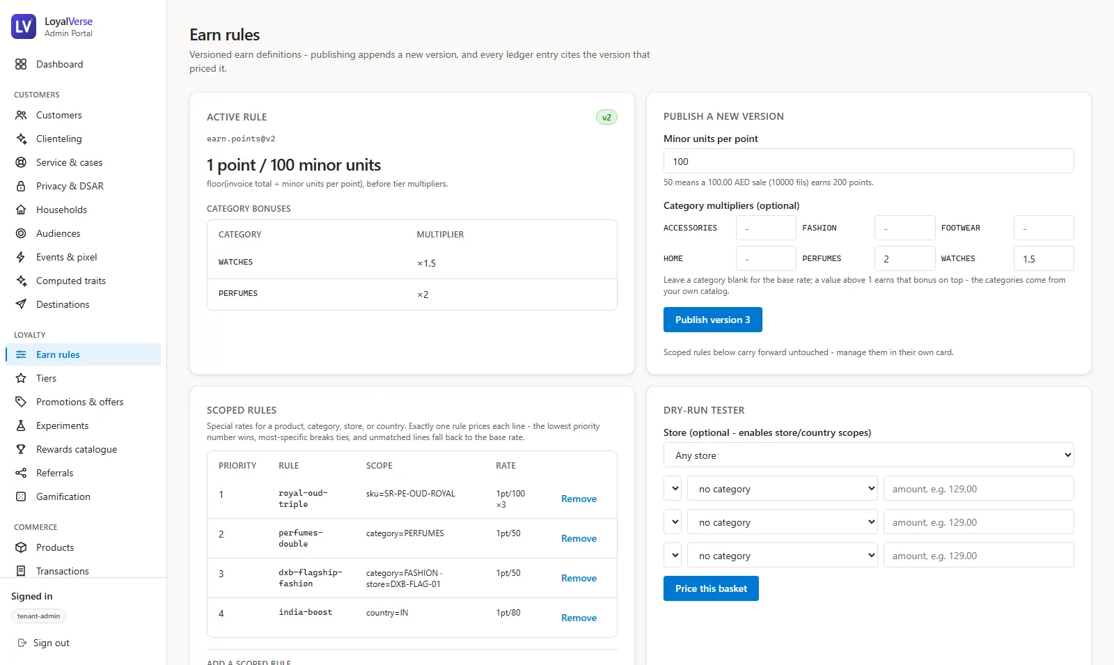 LoyalVerse earn rules with versions, scoping by SKU, category, store and country