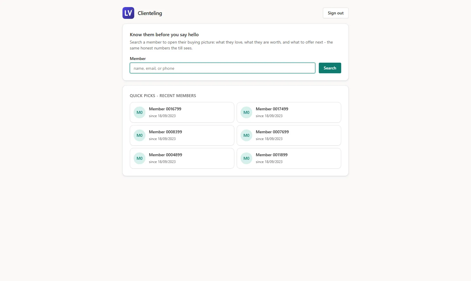 LoyalVerse clienteling member search with recent-member quick picks