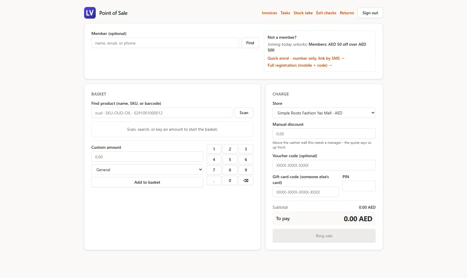 LoyalVerse point of sale with basket, barcode scanning, member lookup and mixed tender